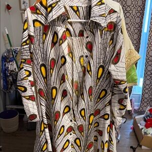 Asymmetrical Women's Dress in White with Yellow & Red Peacock Motif